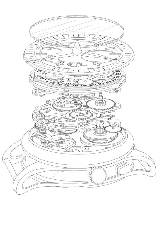 Exploded technical drawing of a watch, showing its parts layer by layer